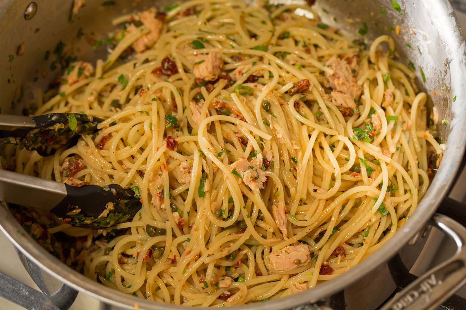 Completed tuna pasta shown in large pot.