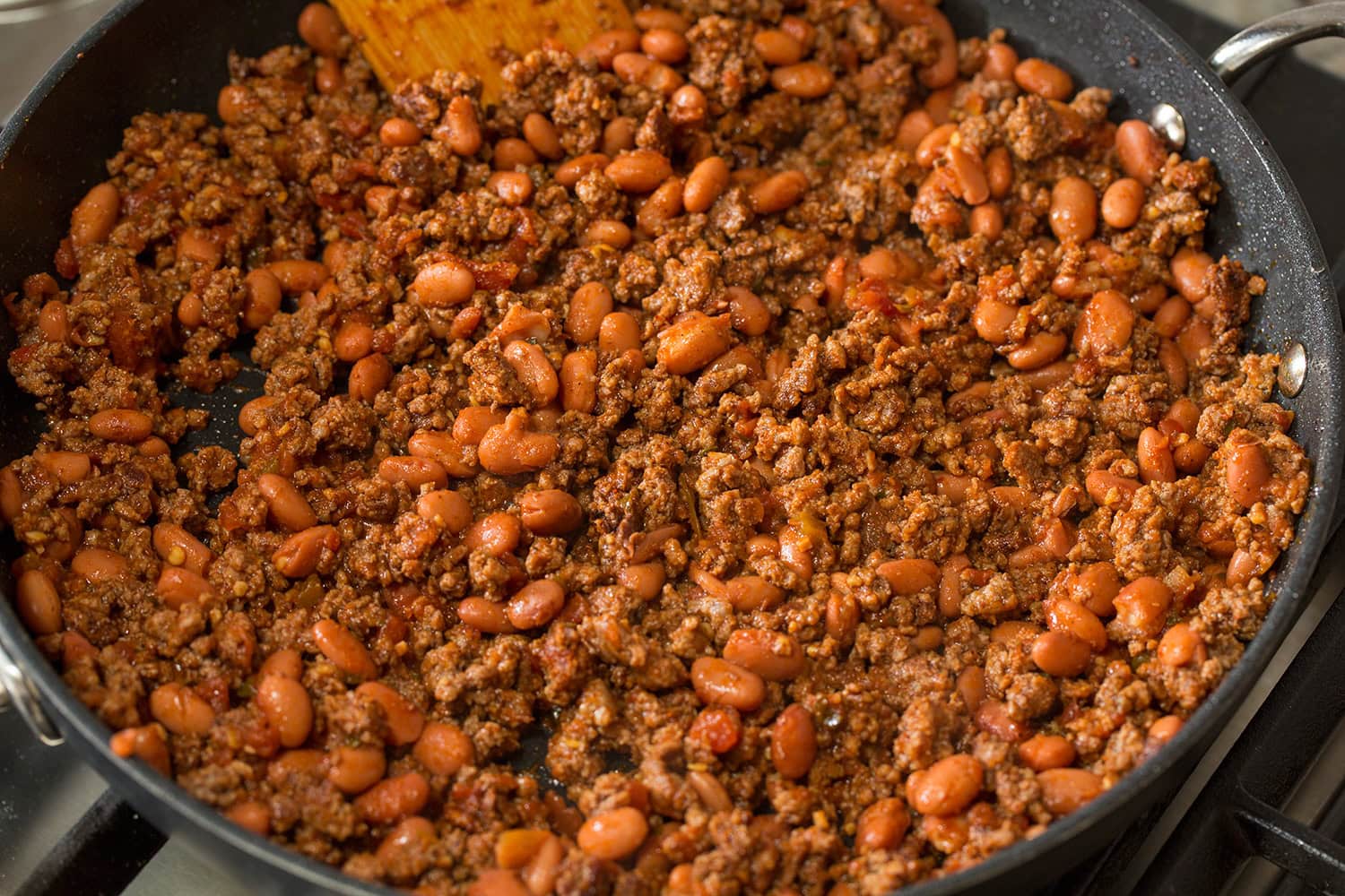 Easy Beef Burritos Finished beef burrito filling in skillet.