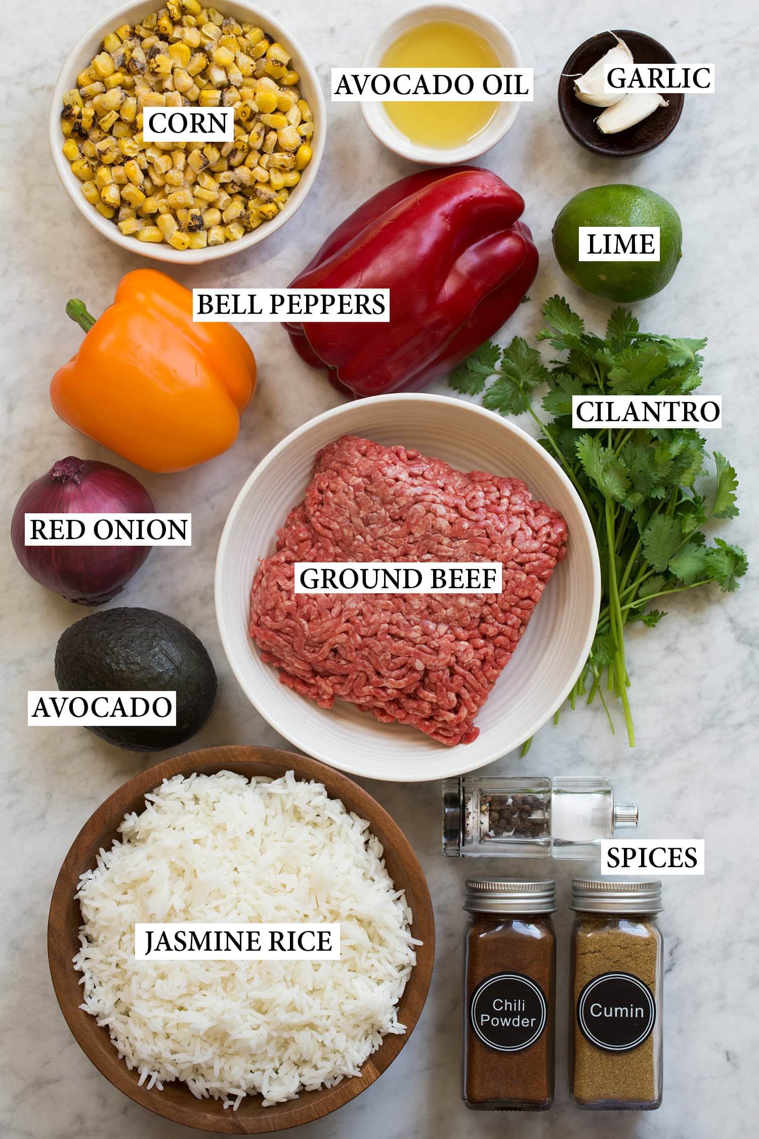 Ingredients used to make ground beef fajita bowls.