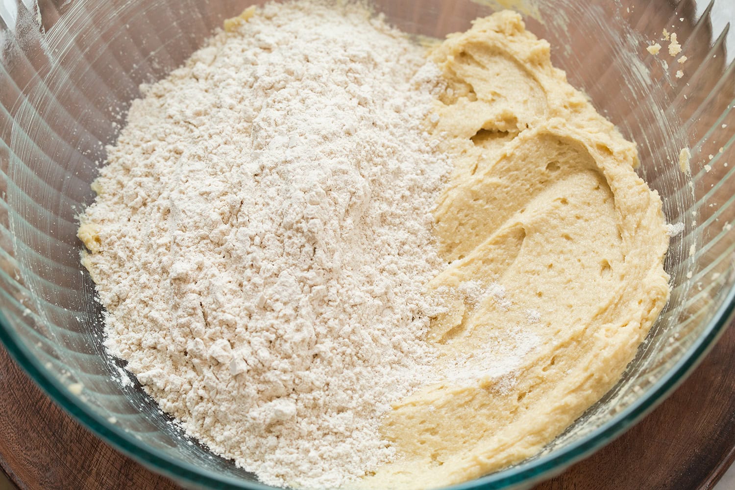 Flour added to egg, butter sugar mixture.