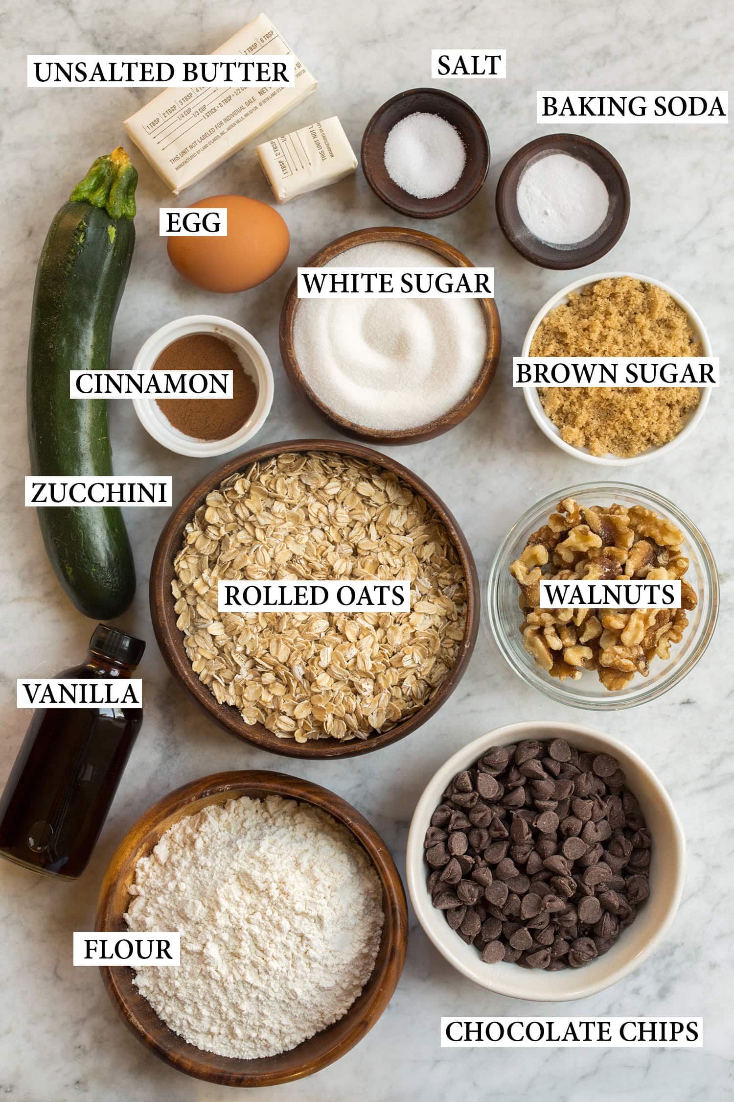 Ingredients used to make zucchini oatmeal cookies.